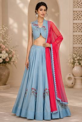 Blue Blended Cotton Embroidered Crop Top Lehengas 1