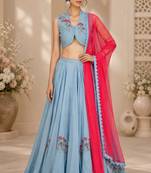 Blue Blended Cotton Embroidered Crop Top Lehengas