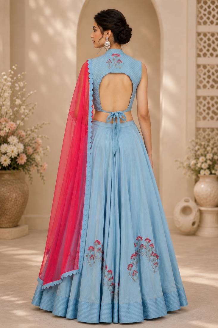 Blue Blended Cotton Embroidered Crop Top Lehengas