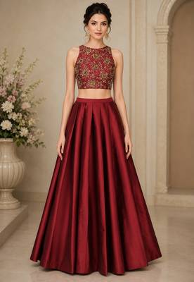Maroon Silk Blend Embroidered Crop Top Lehengas 1
