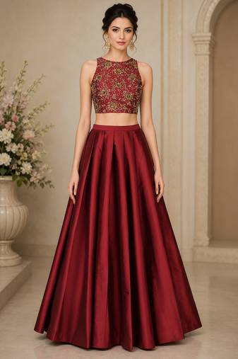 Maroon Silk Blend Embroidered Crop Top Lehengas