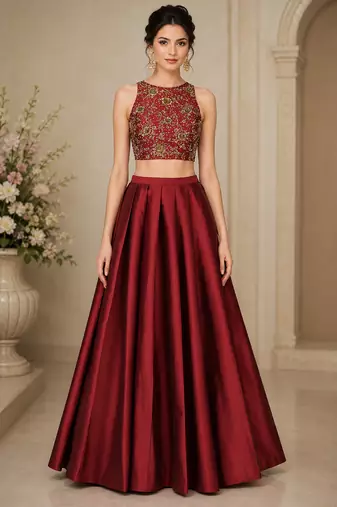 Maroon Silk Blend Embroidered Crop Top Lehengas