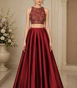 Maroon Silk Blend Embroidered Crop Top Lehengas