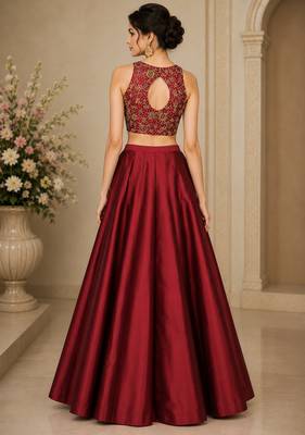 Maroon Silk Blend Embroidered Crop Top Lehengas 2