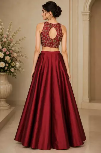 Maroon Silk Blend Embroidered Crop Top Lehengas