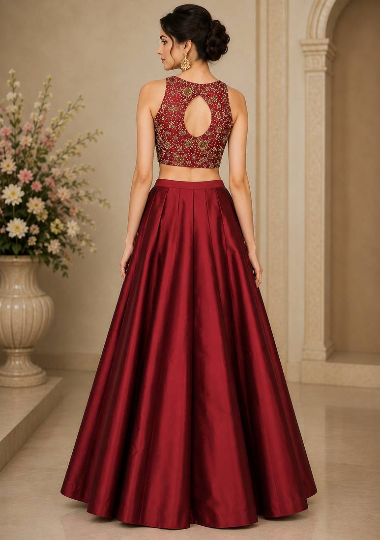 Maroon Silk Blend Embroidered Crop Top Lehengas