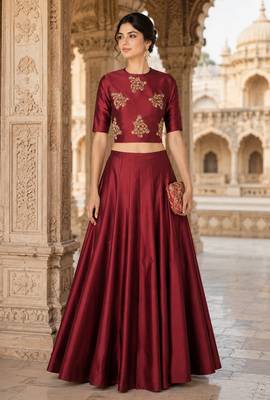 Maroon Silk Blend Embroidered Crop Top Lehengas 1