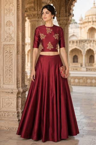 Maroon Silk Blend Embroidered Crop Top Lehengas