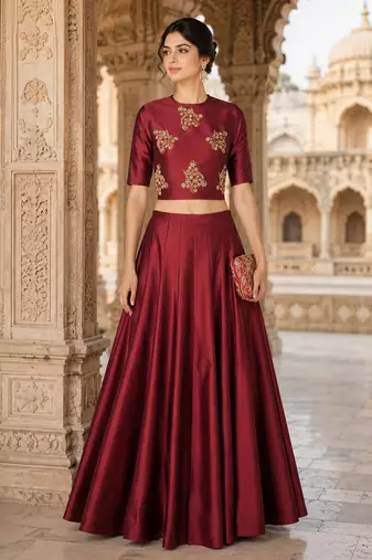 Maroon Silk Blend Embroidered Crop Top Lehengas