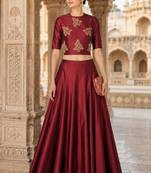 Maroon Silk Blend Embroidered Crop Top Lehengas