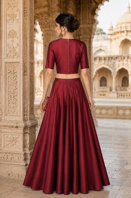 Maroon Silk Blend Embroidered Crop Top Lehengas 2