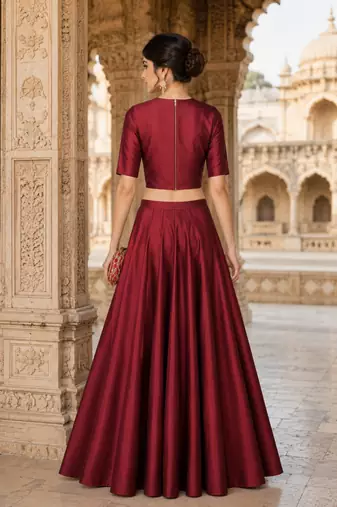 Maroon Silk Blend Embroidered Crop Top Lehengas