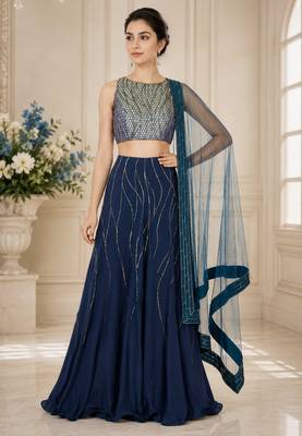 Blue Georgette Embroidered Crop Top Lehengas 1