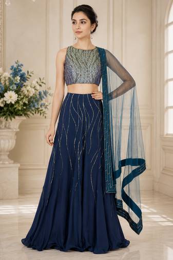 Blue Georgette Embroidered Crop Top Lehengas