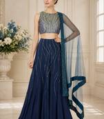 Blue Georgette Embroidered Crop Top Lehengas