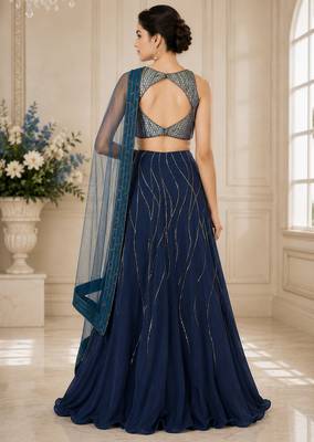Blue Georgette Embroidered Crop Top Lehengas 2