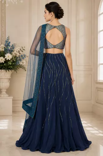 Blue Georgette Embroidered Crop Top Lehengas