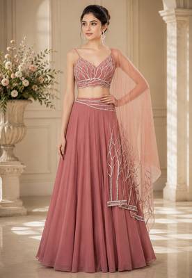 Onion Pink Crepe Embroidered Crop Top Lehengas 1