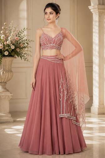 Onion Pink Crepe Embroidered Crop Top Lehengas