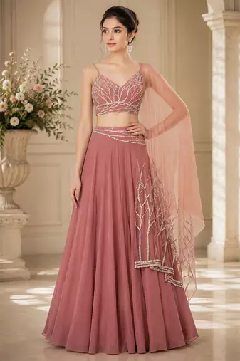 Onion Pink Crepe Embroidered Crop Top Lehengas