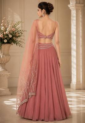 Onion Pink Crepe Embroidered Crop Top Lehengas 2