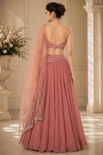 Onion Pink Crepe Embroidered Crop Top Lehengas