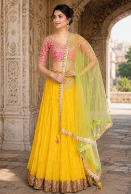 Yellow Georgette Embroidered Crop Top Lehengas 1