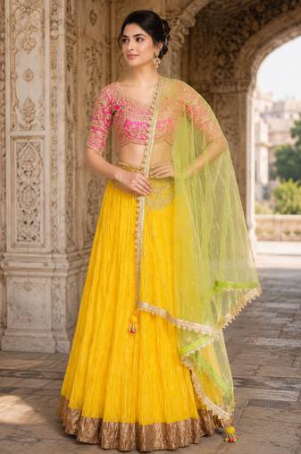 Yellow Georgette Embroidered Crop Top Lehengas