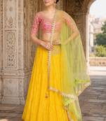 Yellow Georgette Embroidered Crop Top Lehengas