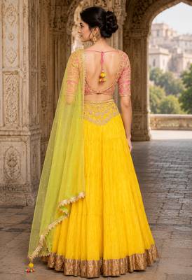 Yellow Georgette Embroidered Crop Top Lehengas 2