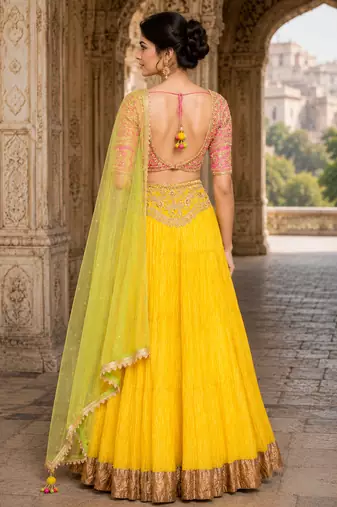 Yellow Georgette Embroidered Crop Top Lehengas