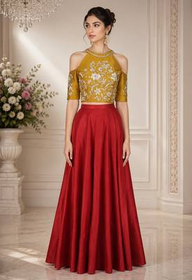 Maroon Silk Blend Embroidered Crop Top Lehengas 1