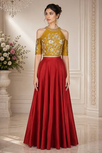 Maroon Silk Blend Embroidered Crop Top Lehengas