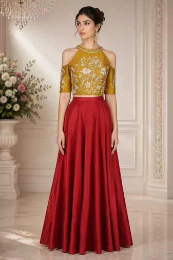 Maroon Silk Blend Embroidered Crop Top Lehengas