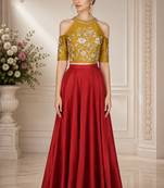 Maroon Silk Blend Embroidered Crop Top Lehengas