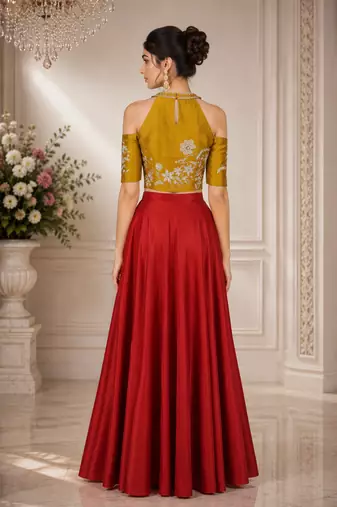 Maroon Silk Blend Embroidered Crop Top Lehengas