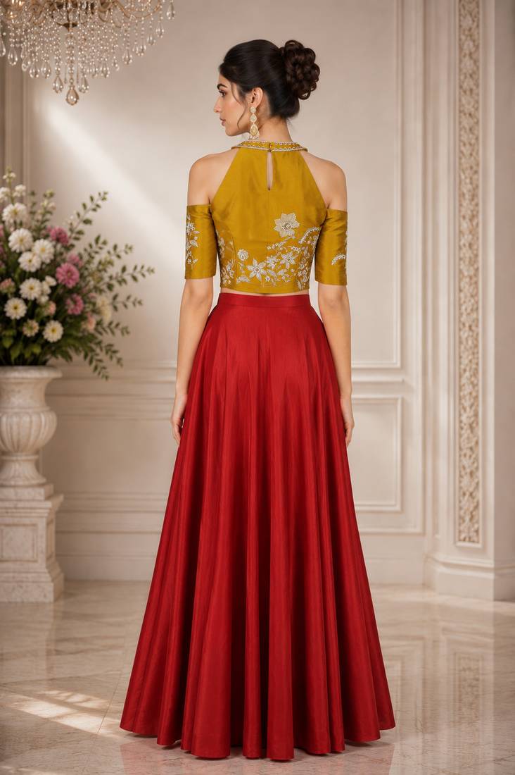 Maroon Silk Blend Embroidered Crop Top Lehengas