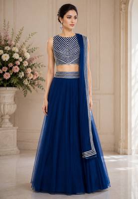 Blue Net Plain Crop Top Lehengas 1