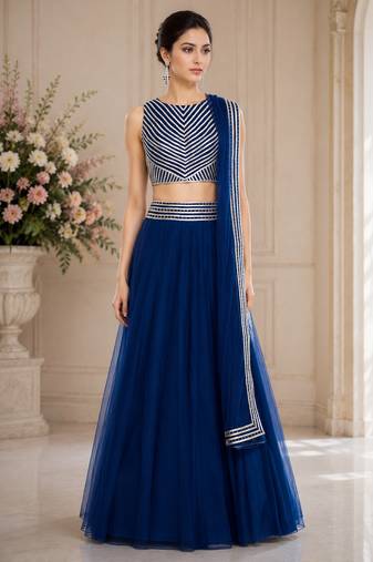 Blue Net Plain Crop Top Lehengas