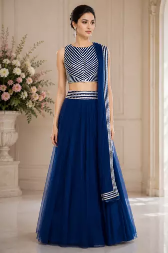 Blue Net Plain Crop Top Lehengas