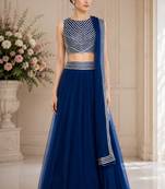 Blue Net Plain Crop Top Lehengas
