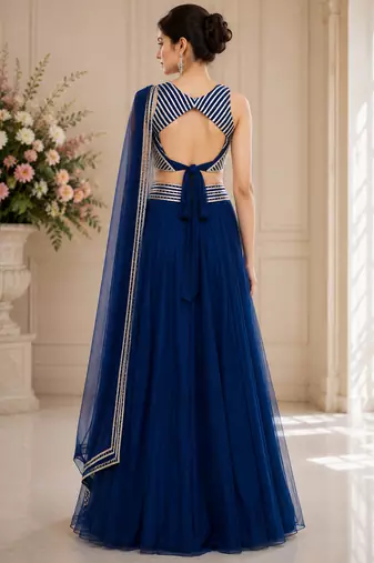 Blue Net Plain Crop Top Lehengas