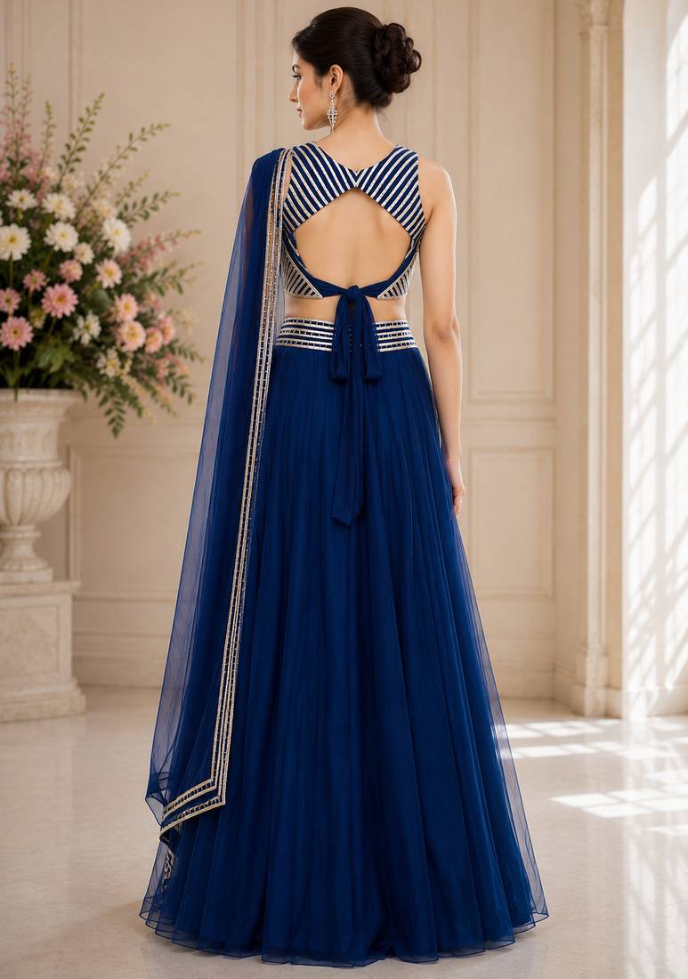 Blue Net Plain Crop Top Lehengas