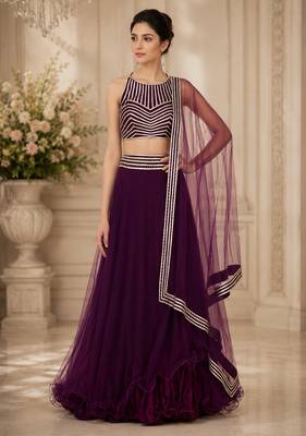 Purple Net Plain Crop Top Lehengas 1