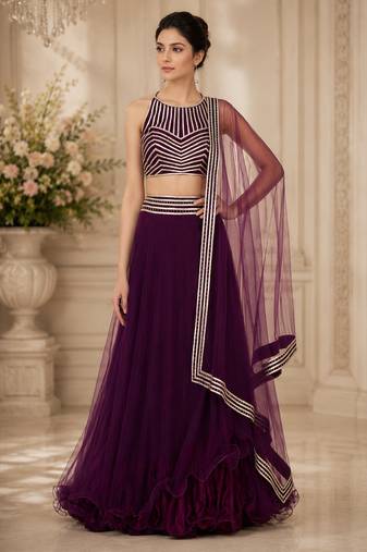 Purple Net Plain Crop Top Lehengas