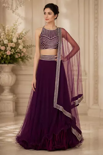 Purple Net Plain Crop Top Lehengas