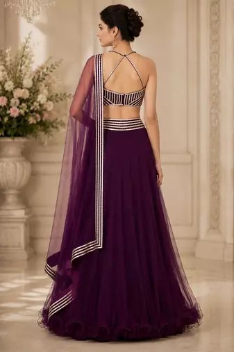 Purple Net Plain Crop Top Lehengas