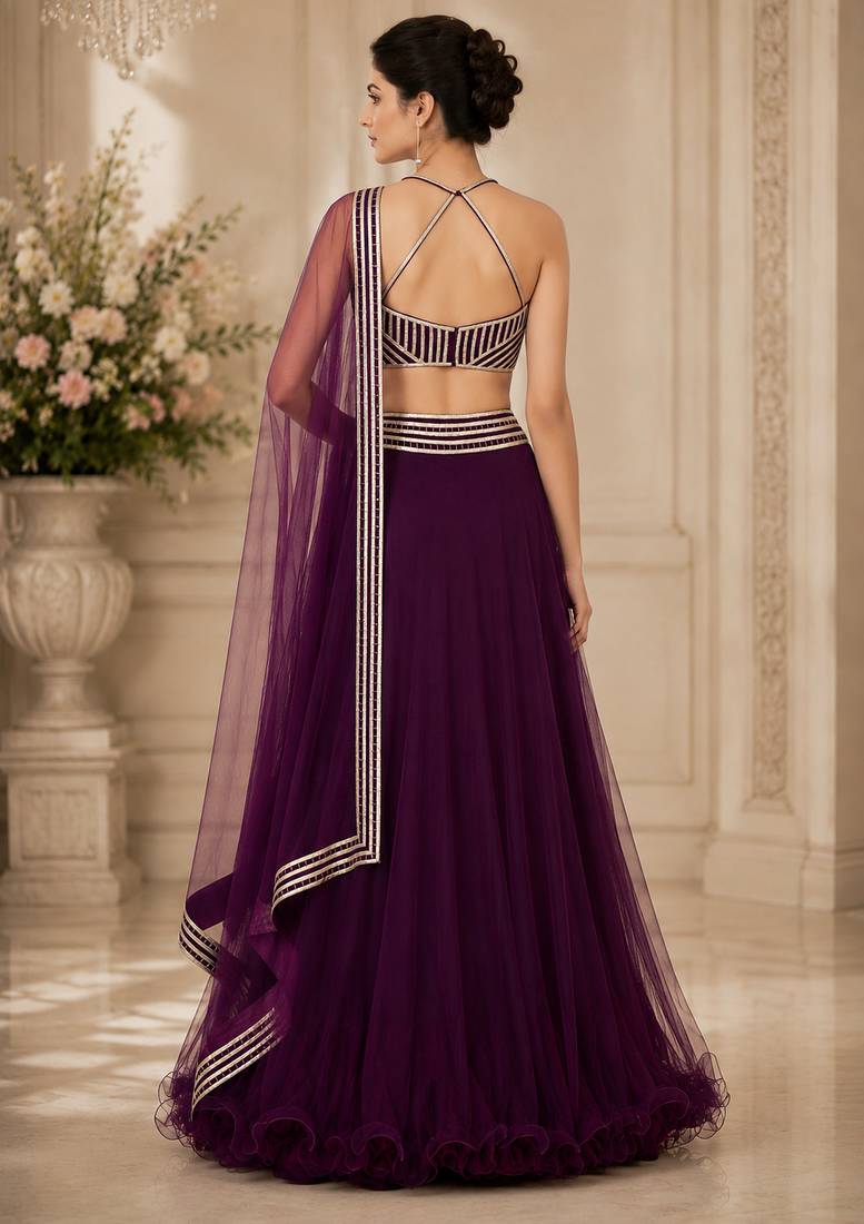 Purple Net Plain Crop Top Lehengas