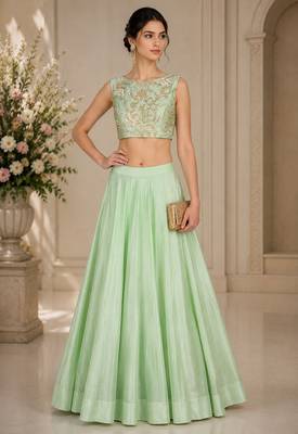 Light Green Silk Blend Embroidered Crop Top Lehengas 1