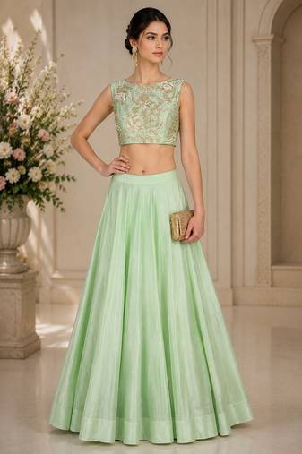 Light Green Silk Blend Embroidered Crop Top Lehengas